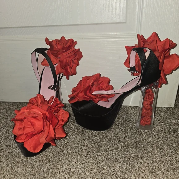 SUGAR THRILLZ by Dolls Kill TWO TO TANGO Red Flower Platform Heels SZ9 - Picture 3 of 9